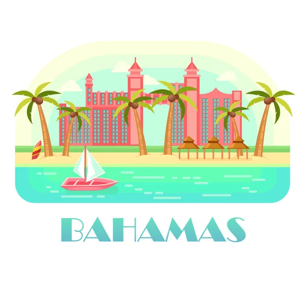 Yacht à l'océan et plage de bahamas — Image vectorielle