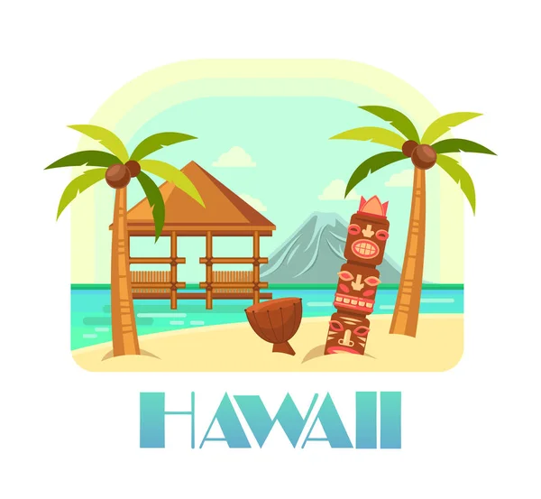 Havaí resort com praia e palmas, oceano — Vetor de Stock