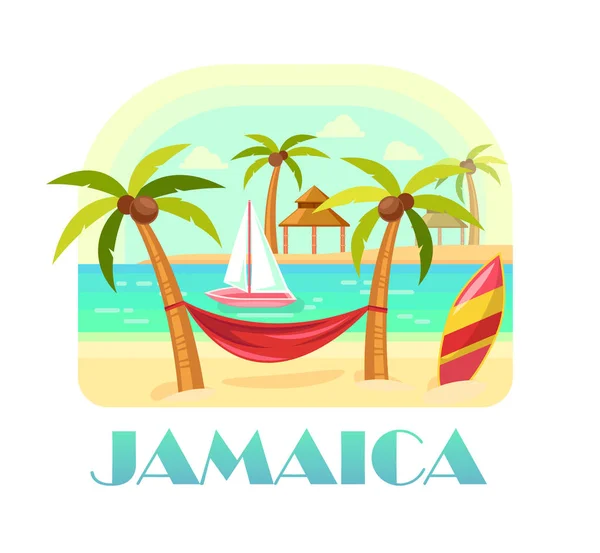 牙买加海滩和海洋, 有棕榈的海岸线 — 图库矢量图片
