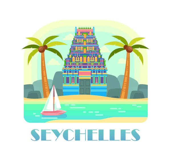 Seychelles resort com praia e oceano — Vetor de Stock