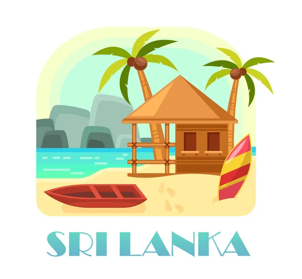 Sri Lanka ilha com praia de areia e barco, cabana — Vetor de Stock