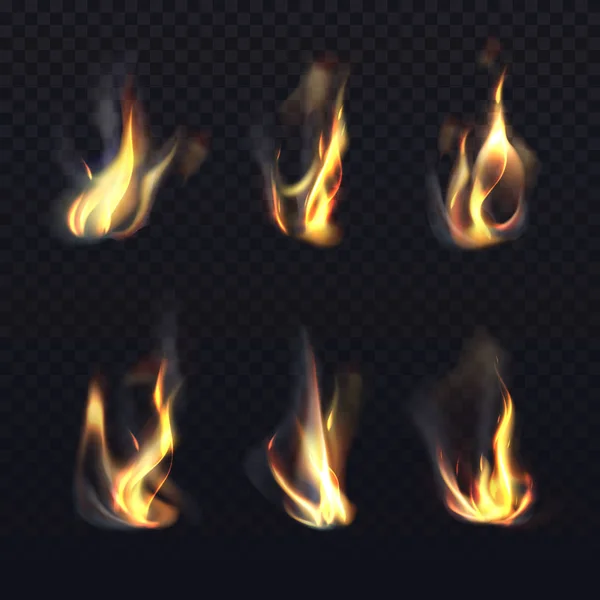 Fuego llamas con humo, vector iconos realistas — Vector de stock