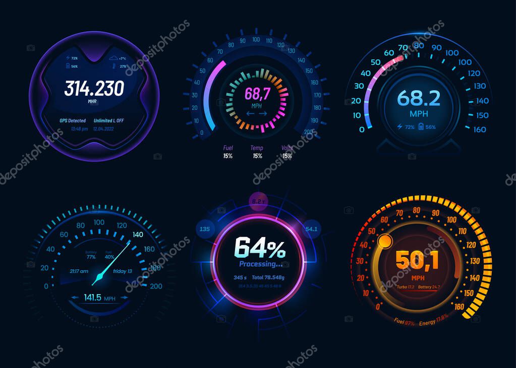 Tachimetro per auto, indicatori luminosi a LED al neon digitali -  Vettoriale Stock di ©Gendzi 326525502