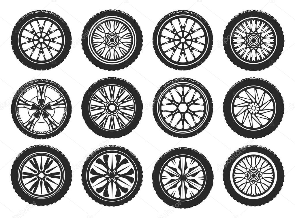 Vector icons of car tires, light alloy wheel rims