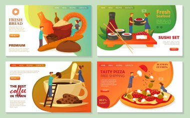 Fırın ekmeği, pizza kafe ve suşi bar web pankartları.