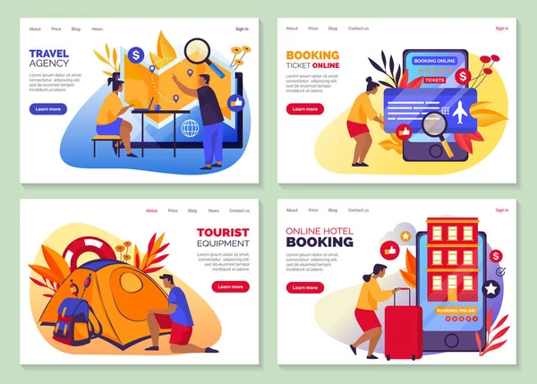 Hotel booking, flight search, travel agency banners — 스톡 벡터