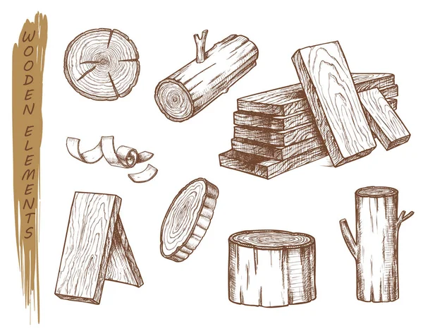 Isolated sketch of wooden elements, vintage lumber — Stock Vector