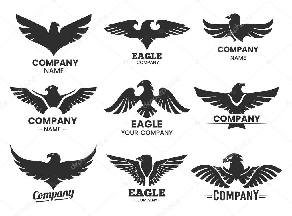 Eagle black silhouettes for branding. Set of isolated badges with hawk head and company name. Vector heraldic signs for label. Flying animal icon. Falcon insignia for aviation club.Flight and heraldry