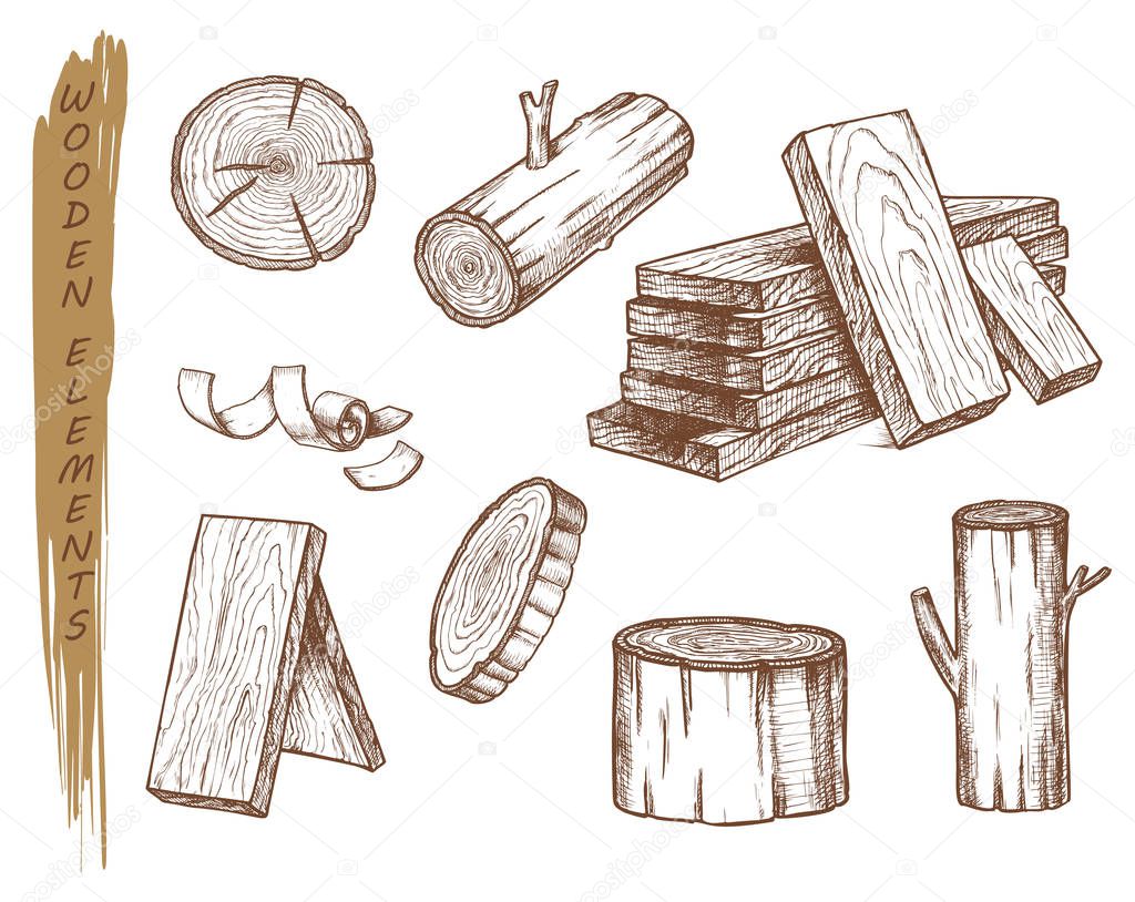Isolated sketch of wooden elements, vintage lumber