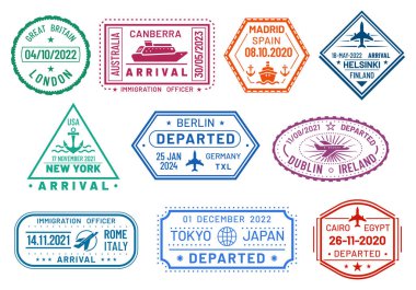 Passport visa stamps set, arrival and departure
