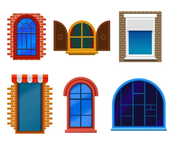 Flat windows set, wooden, plastic, modern and old — Stock Vector