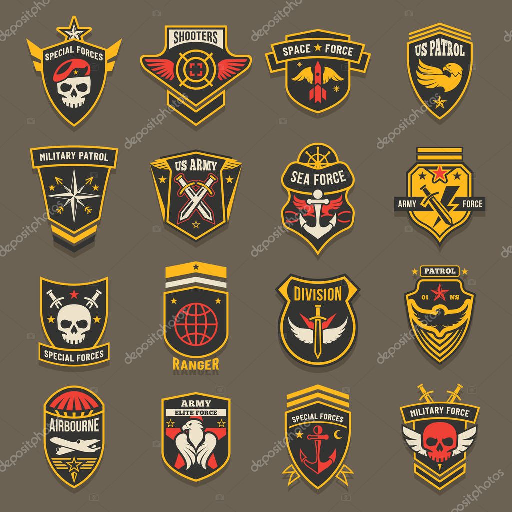 US army chevrons, military emblems, marine and air forces vector badges. Military navy patrol squad, sea and space elite forces, aviation rangers and airborne shooters division badges