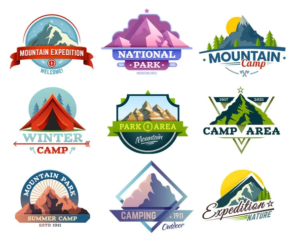 Expedición de montaña, camping y senderismo conjunto de viajes — Vector de stock