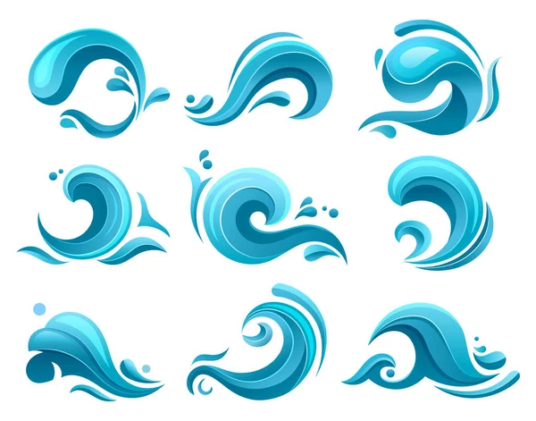 Flat cartoon water waves, ocean and sea splashes — Stock Vector