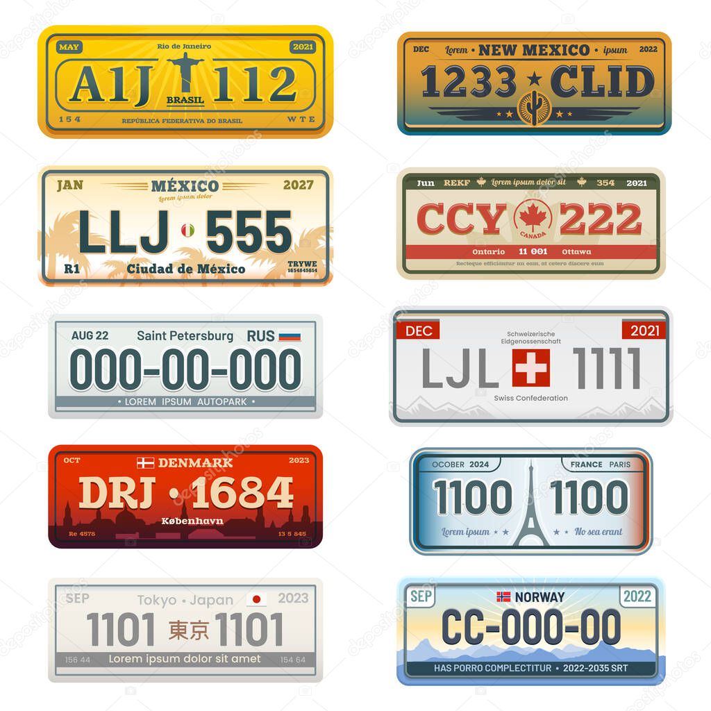 Car number plates vector registration signs set