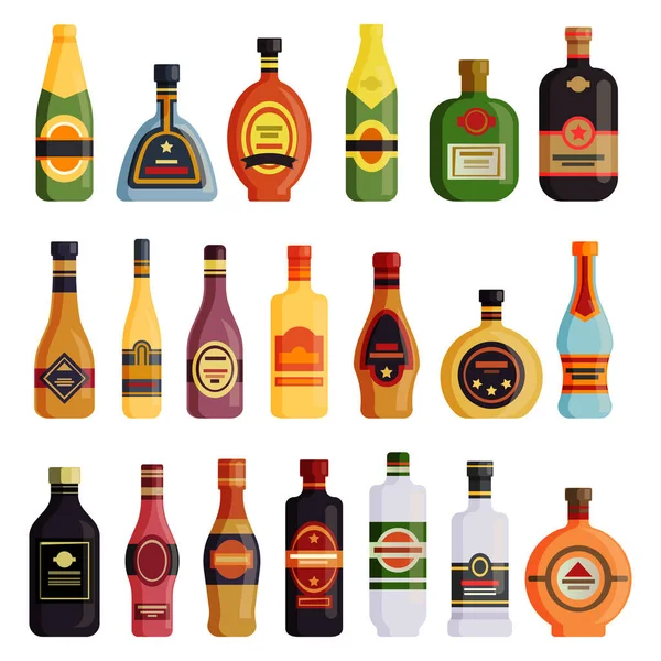 Butelki z alkoholem, wino, piwo, ikony whisky — Wektor stockowy