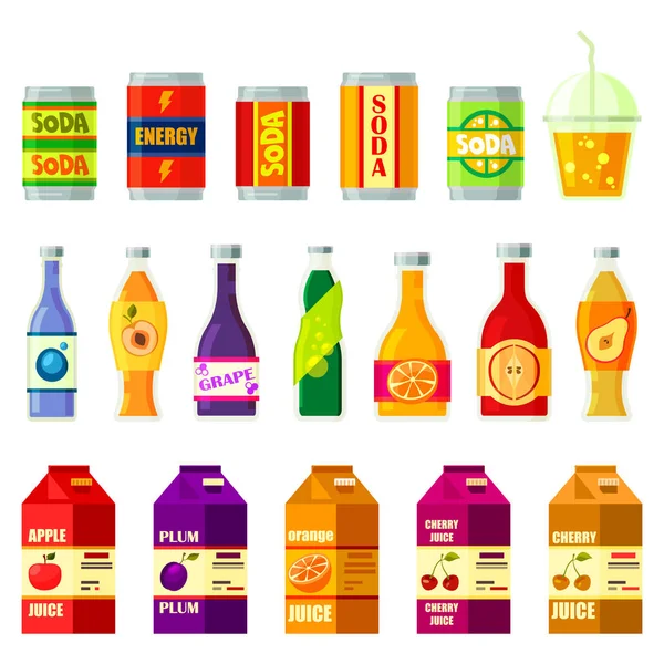 Ποτά και χυμούς, μπουκάλια, πακέτα εικονίδια επίπεδη — Διανυσματικό Αρχείο