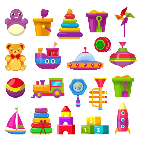 Barn leksaker, barn spel vektor platt kartong ikoner — Stock vektor