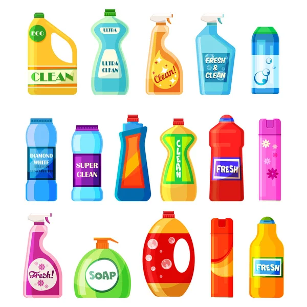 Domestic chemicals set, washing liquids in bottle — Stock Vector