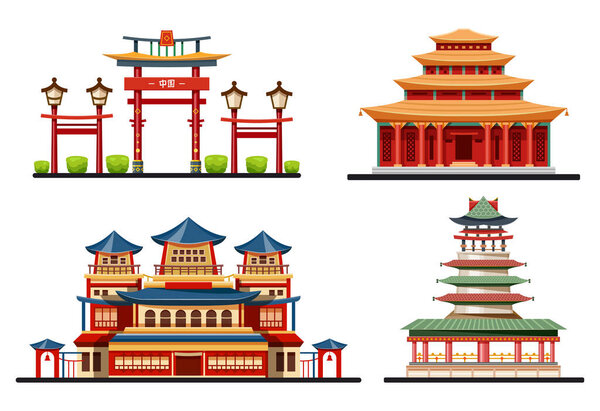 Китайские здания, соблазны и пагоды, векторный набор. Крыши городского дворца Пекина в традиционном китайском стиле, входные ворота, древние залы и буддистские колокольни, дизайн азиатской архитектуры