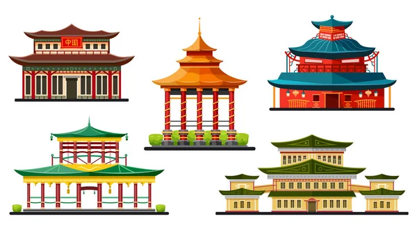 Edifícios Chineses Arquitetura Tradicional Ícones Planos Vetoriais Casas Antigas Chinesas —  Vetores de Stock