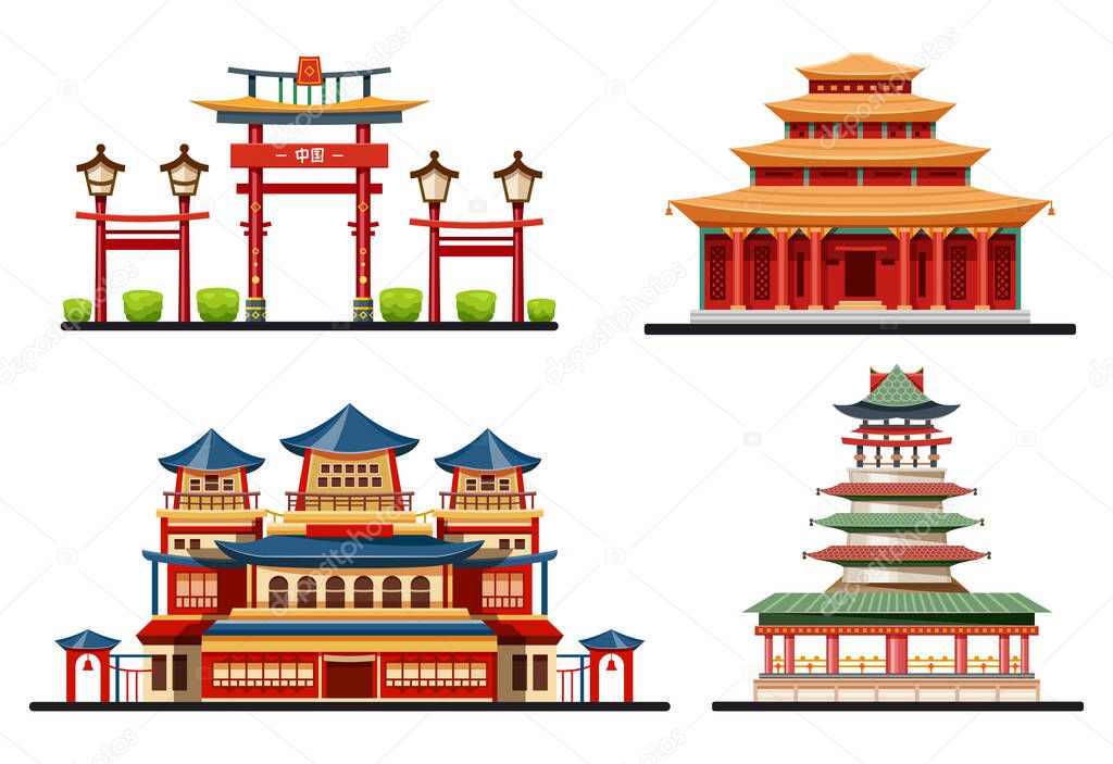 Chinese buildings, temples and pagodas, vector icons set. Traditional Chinese style roofs of Beijing city palace, entrance gates, ancient halls and Buddhist bell towers, Asian architecture design