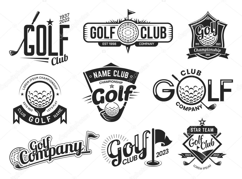 Golf club labels templates, team badges and championship vector icons. Premium golf club emblems set with ball and crossed clubs, stars and ribbons, golfer tournament on green course
