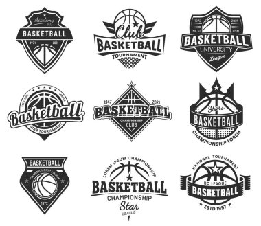 İzole edilmiş vektör vintage basketbol amblemi seti