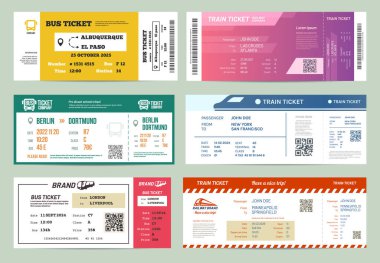 Set of isolated bus and train, railway tickets clipart