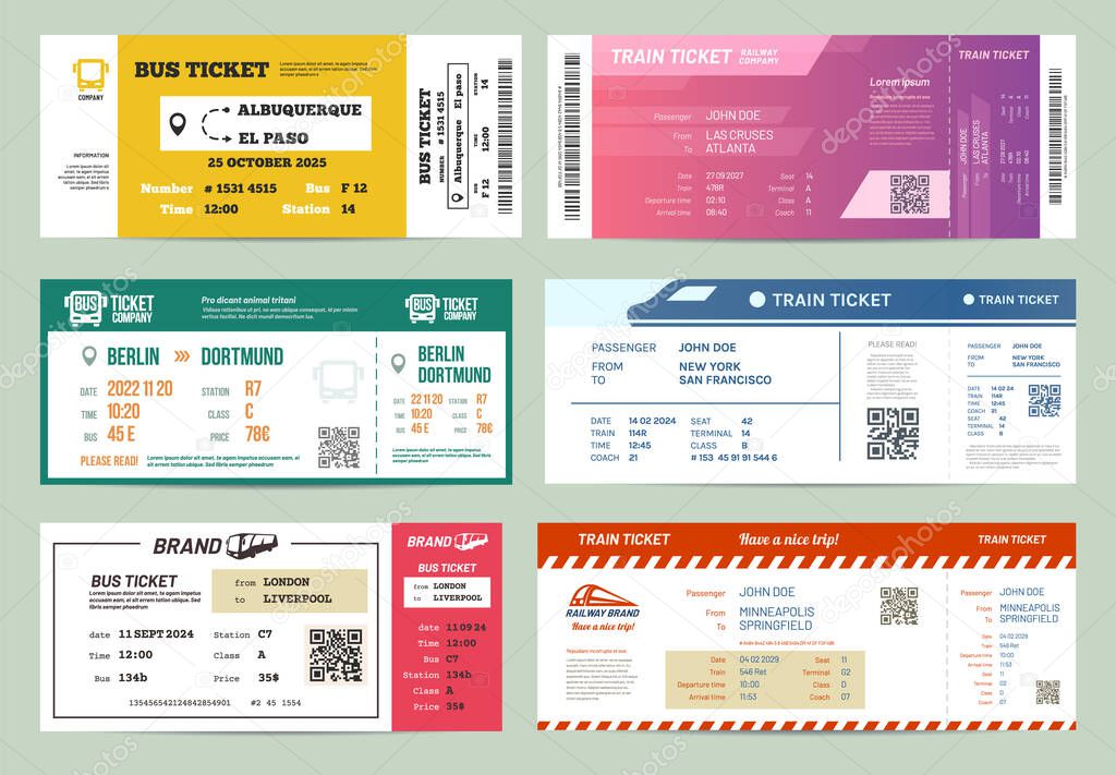 Set of isolated bus and train, railway tickets