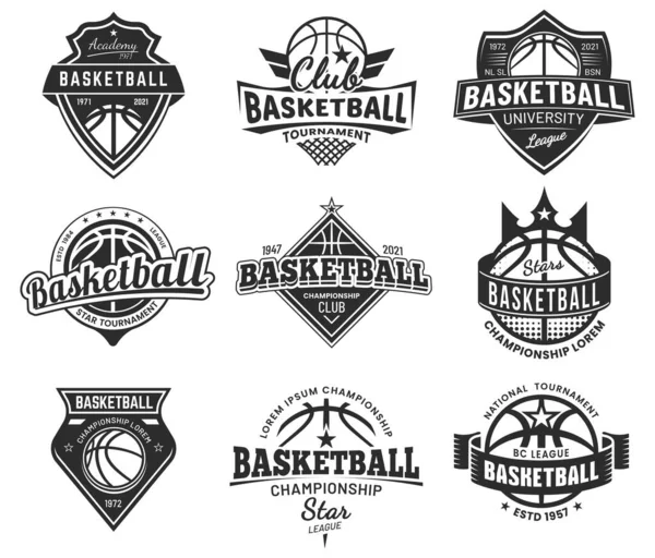 Basketbol takımı spor rozetleri, üniversite ligi ve şampiyon kulübü, vektör amblemleri. Basketbol ya da sokak basketbolu ya da okul takımı tabelası, kanatlı ve yıldız kalkanlı top, pankart