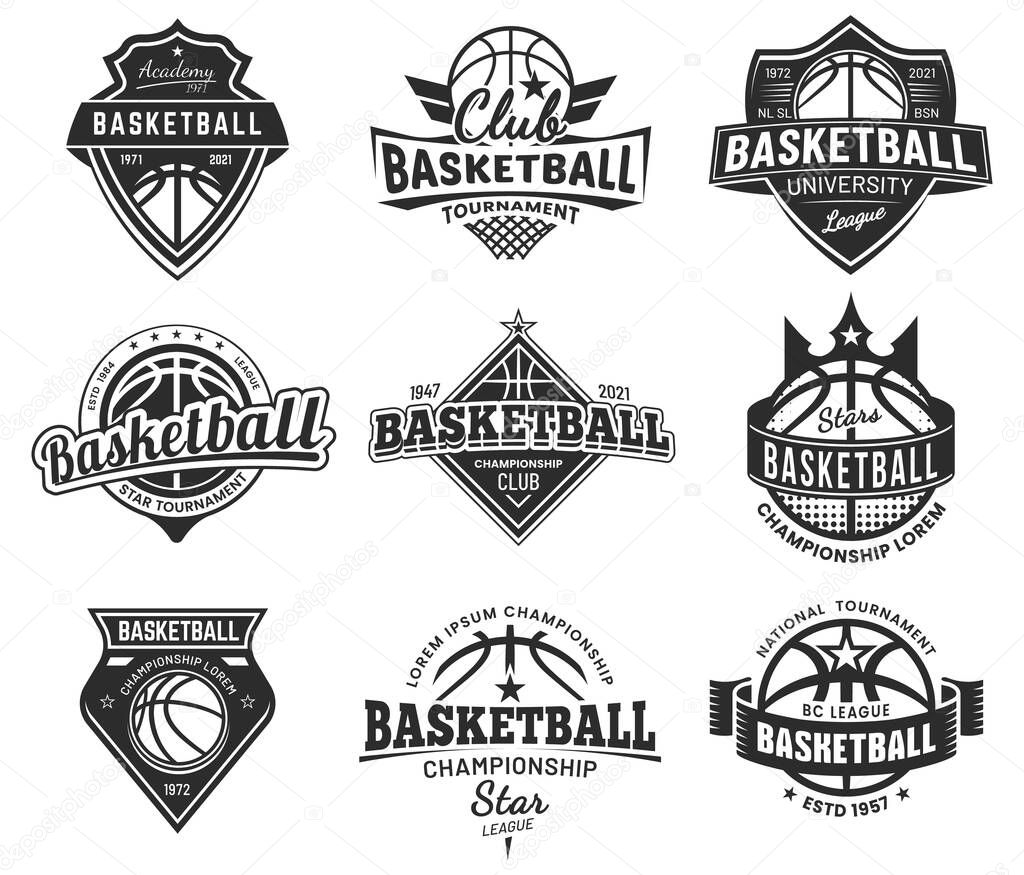 Basketball team sport tournament badges, university league and champion club, vector emblems. Basketball or streetball college and varsity team signs, ball with wings and star shields, banners