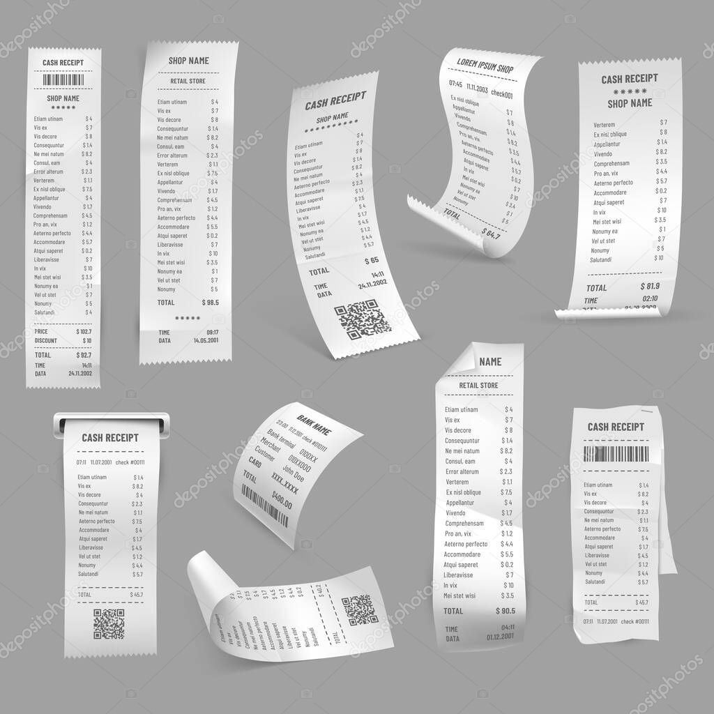 Receipts, paper bills and cash checks or payment invoice, vector realistic isolated set. Supermarket or shop receipts, ATM machine and cash terminal slot ticket or payment and transaction payslip