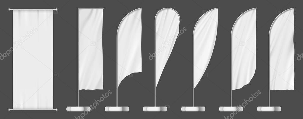 Download Set Of Flag Banners Outdoor Advertising Templates Blank White Mockup Vector Outdoor Pole Signs Set Advertising Feather Or Teardrop Flag Banners And Fabric Billboards Commercial Promotion Displays Premium Vector In Adobe