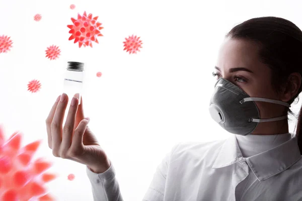 Young woman in protective respirator holding medicine bottle. Female wearing medical mask. Free space for text. White background. Healthcare, personal protection, virus, air pollution concept