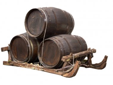 büyük şarap varil ile eski bir ahşap kızak