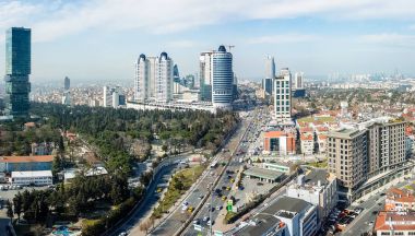 Aerial view Levent district in Istanbul, showing Buyukdere avenue and important shopping malls clipart