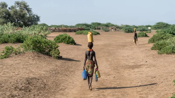 Mujer no identificada de la tribu Dassanech llevando agua a su aldea, Etiopía — Foto de Stock