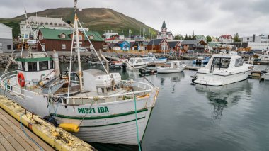 Limandaki geleneksel ahşap balıkçı tekneleri, Husavik kasabası, Skjalfandi Körfezi, İzlanda
