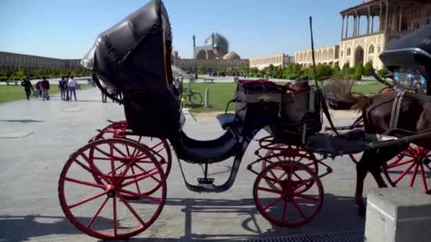 Isfahan, Iran - May 2019: Horse carriages waiting for tourists and Iranian people to have a ride around Isfahan Naqsh-e Jahan Square also called Imam Square — Stock Footage Isfahan Iran May 2019 Horse Carriages Waiting Tourists Iranian People Royalty Free Stock Footage