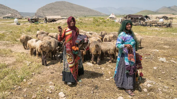 Qashqai-nomadiske kvinner som selger håndverksmaterialer, Shiraz, Iran – stockfoto