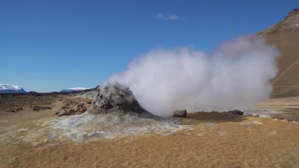自然蒸気の噴出口と泥のプールがあるHverir Myvatn地熱エリア湖Myvatn Hverir地熱フィールド アイスランド — ストック動画