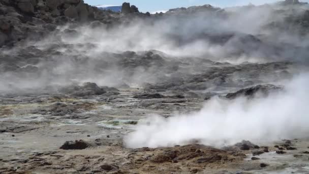 Hverir Myvatn Geothermische Gebied Met Natuurlijke Stoombronnen Modderpoelen Rondom Het — Stockvideo