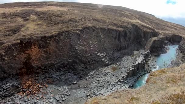 Disclaimlagil Basalt Canyon Ijsland Dit Een Zeldzame Vulkanische Basaltkolomformatie — Stockvideo