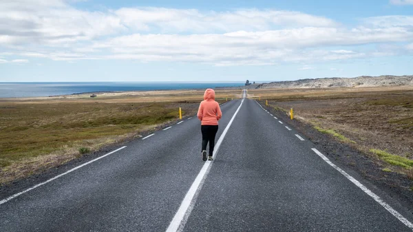 Ісландія Дорожній Ландшафт Невідомою Жінкою Йде Пішки — стокове фото
