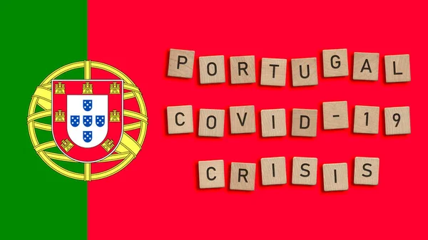 Crise Portugal Covid Escrita Com Azulejos Madeira Sobre Fundo Bandeira — Fotografia de Stock