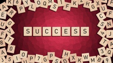 Kırmızı arkaplanda ahşap karolarla yazılmış başarı kelimesi. Bu resim bir pankart veya yazdırma kartpostalı için kullanılabilir.