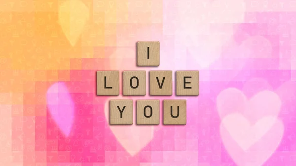 Love You Written Wooden Tiles Colorful Background Heart Shapes Image — Stock Photo, Image