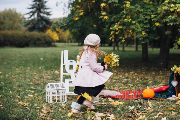 Dziewczyna bawi sie z opadłych liści — Zdjęcie stockowe