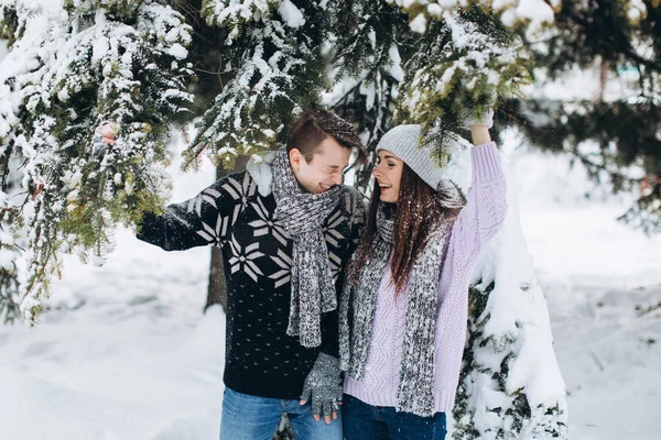Couple in winter forest — Stock Photo, Image
